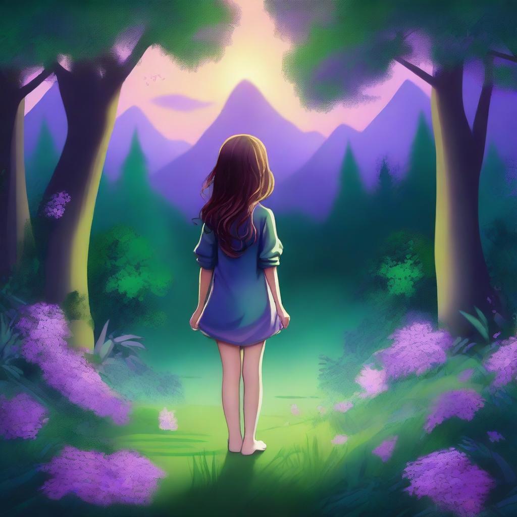 An enchanting digital art piece depicting a girl with eyes reflecting the twilight sky, walking towards distant mountains beneath a lush emerald forest canopy