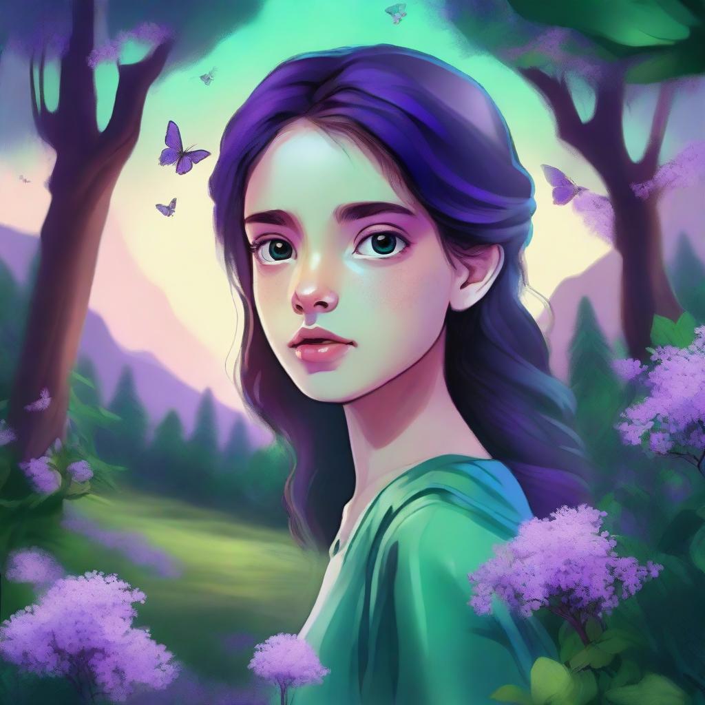 An enchanting digital art piece depicting a girl with eyes reflecting the twilight sky, walking towards distant mountains beneath a lush emerald forest canopy