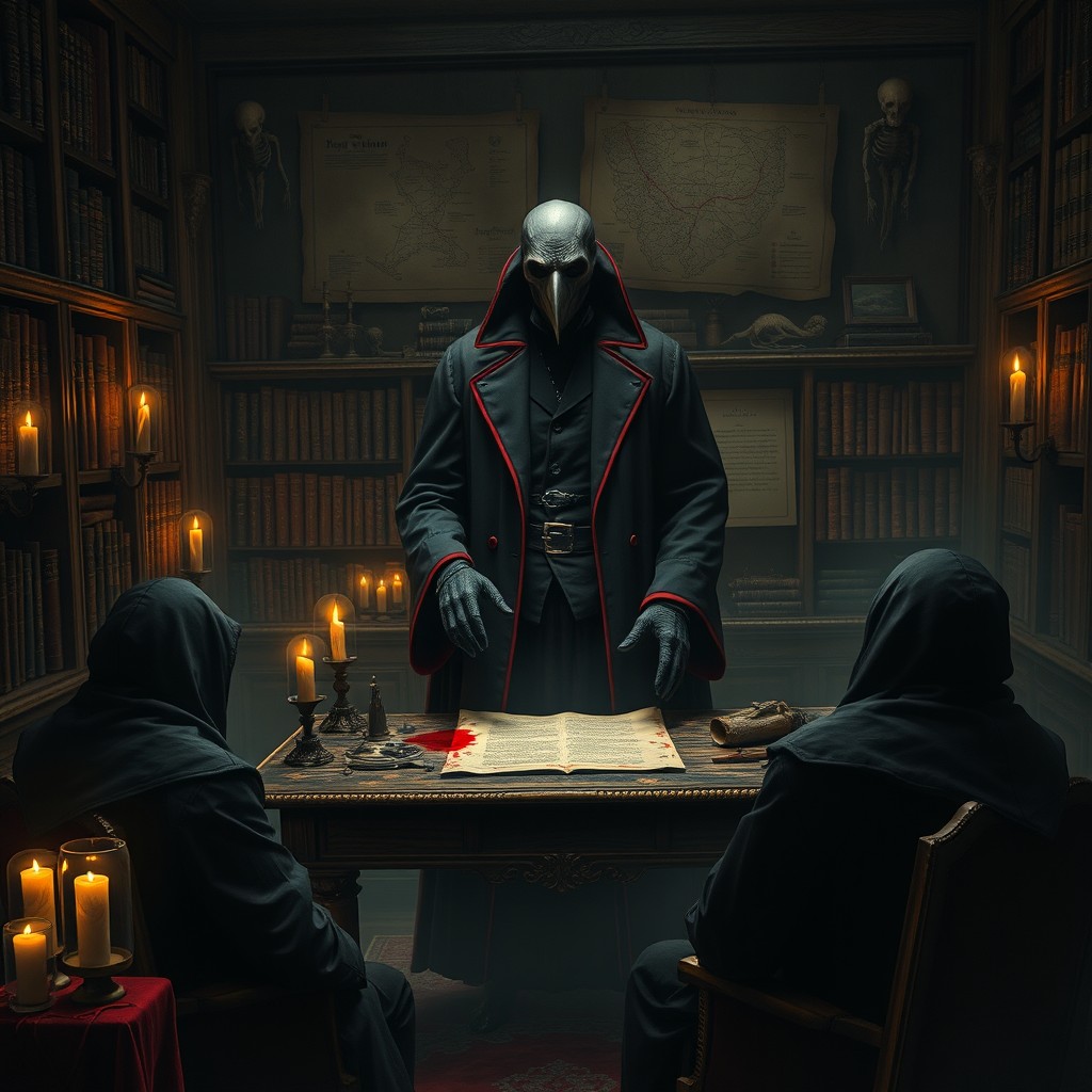 A dark, candlelit study meticulously lined with bookshelves and adorned with hanging bones