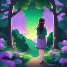 An enchanting digital art piece depicting a girl with eyes reflecting the twilight sky, walking towards distant mountains beneath a lush emerald forest canopy