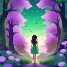 An enchanting digital art piece depicting a girl with eyes reflecting the twilight sky, walking towards distant mountains beneath a lush emerald forest canopy