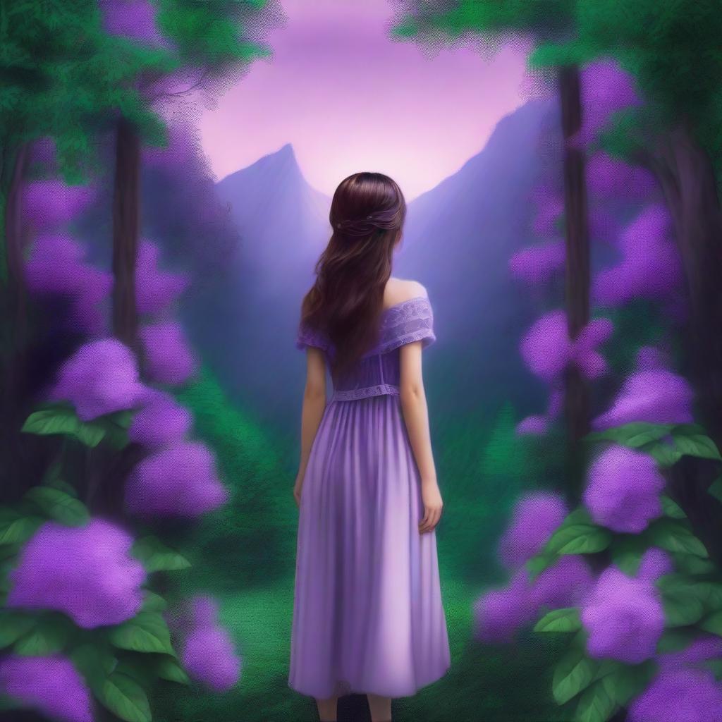 This is a highly realistic digital art piece that depicts a girl with eyes mirroring the twilight sky, walking towards mountains under a full emerald forest canopy