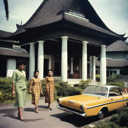 Vintage scene of Indonesia in 1960s, depicting architecture, fashion, and daily life