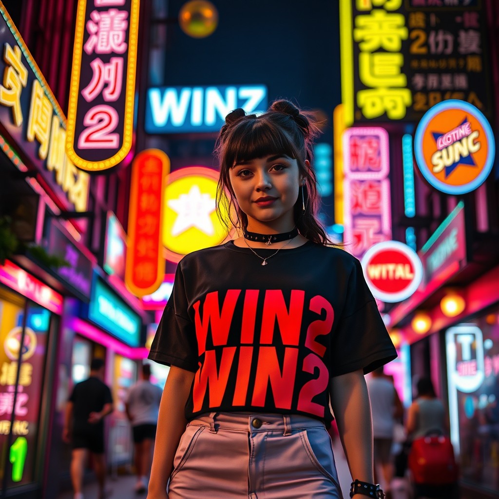 A stylish girl standing in a vibrant neon-lit town, wearing a trendy outfit that prominently features the words "WIN2" in bold, eye-catching lettering