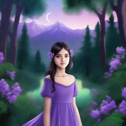 This is a highly realistic digital art piece that depicts a girl with eyes mirroring the twilight sky, walking towards mountains under a full emerald forest canopy