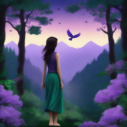 This is a highly realistic digital art piece that depicts a girl with eyes mirroring the twilight sky, walking towards mountains under a full emerald forest canopy