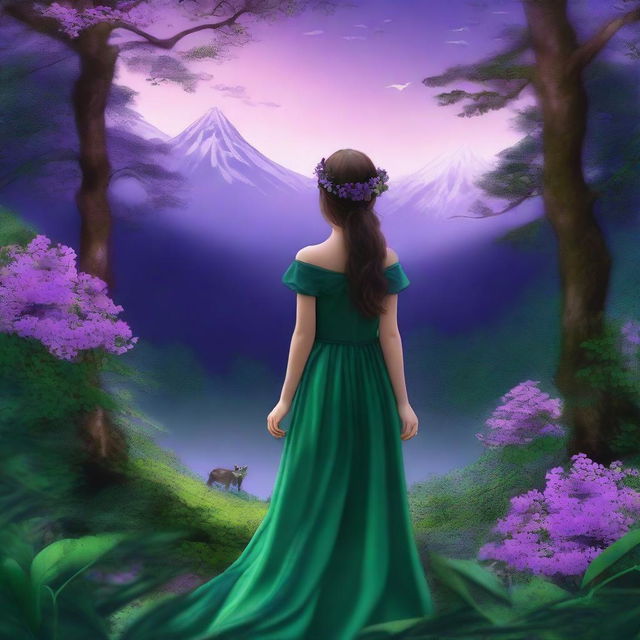 This is a highly realistic digital art piece that depicts a girl with eyes mirroring the twilight sky, walking towards mountains under a full emerald forest canopy