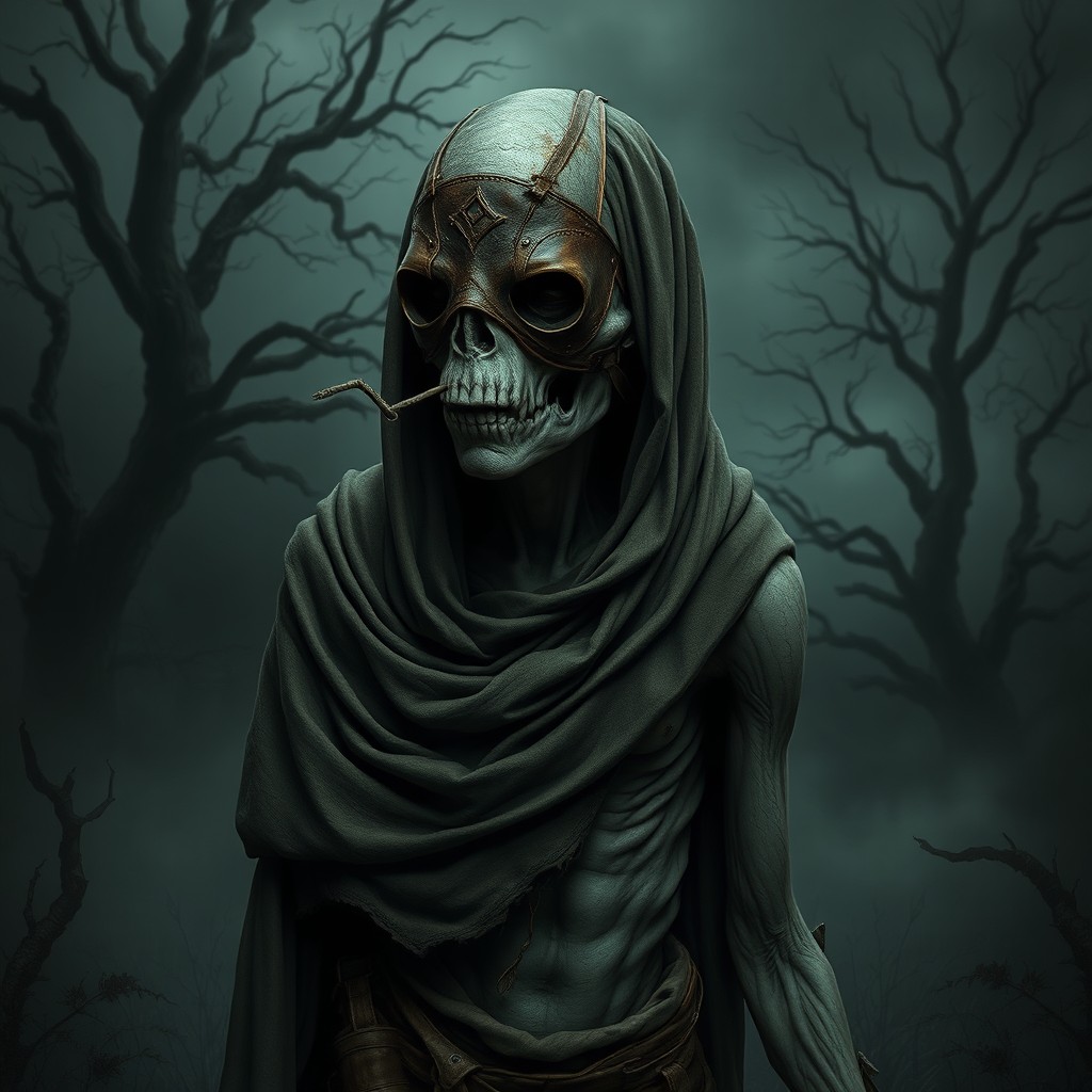 A desolate ghoul, draped in tattered clothing, wearing a leather mask that obscures its features, perpetually sniffing the air as if searching for a scent