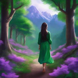 This is a highly realistic digital art piece that portrays a girl walking towards distant mountains under a lush, emerald forest canopy