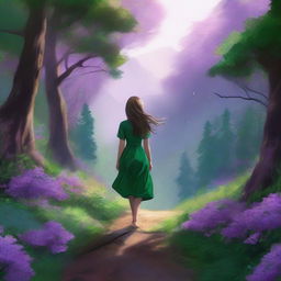 This is a highly realistic digital art piece that portrays a girl walking towards distant mountains under a lush, emerald forest canopy