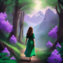 This is a highly realistic digital art piece that portrays a girl walking towards distant mountains under a lush, emerald forest canopy