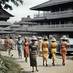 Vintage scene of Indonesia in 1960s, depicting architecture, fashion, and daily life