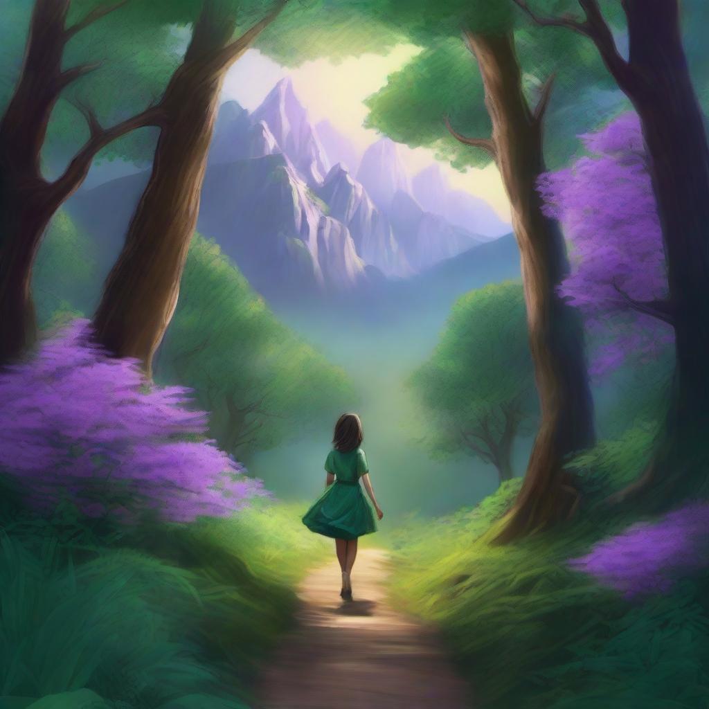 This is a highly realistic digital art piece that portrays a girl walking towards distant mountains under a lush, emerald forest canopy