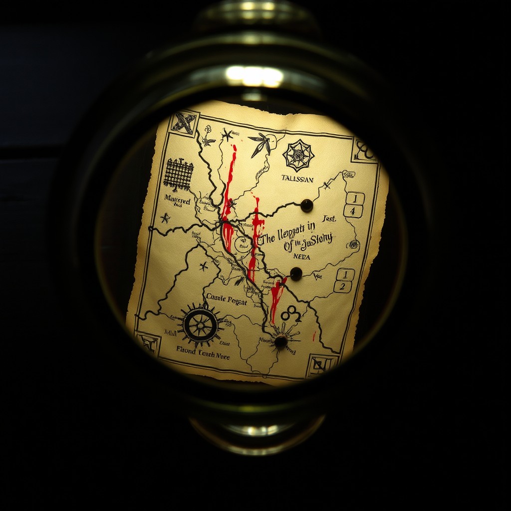 The scene depicts the bottom of a false bottle, where the viewer can see a poorly drawn map trapped inside