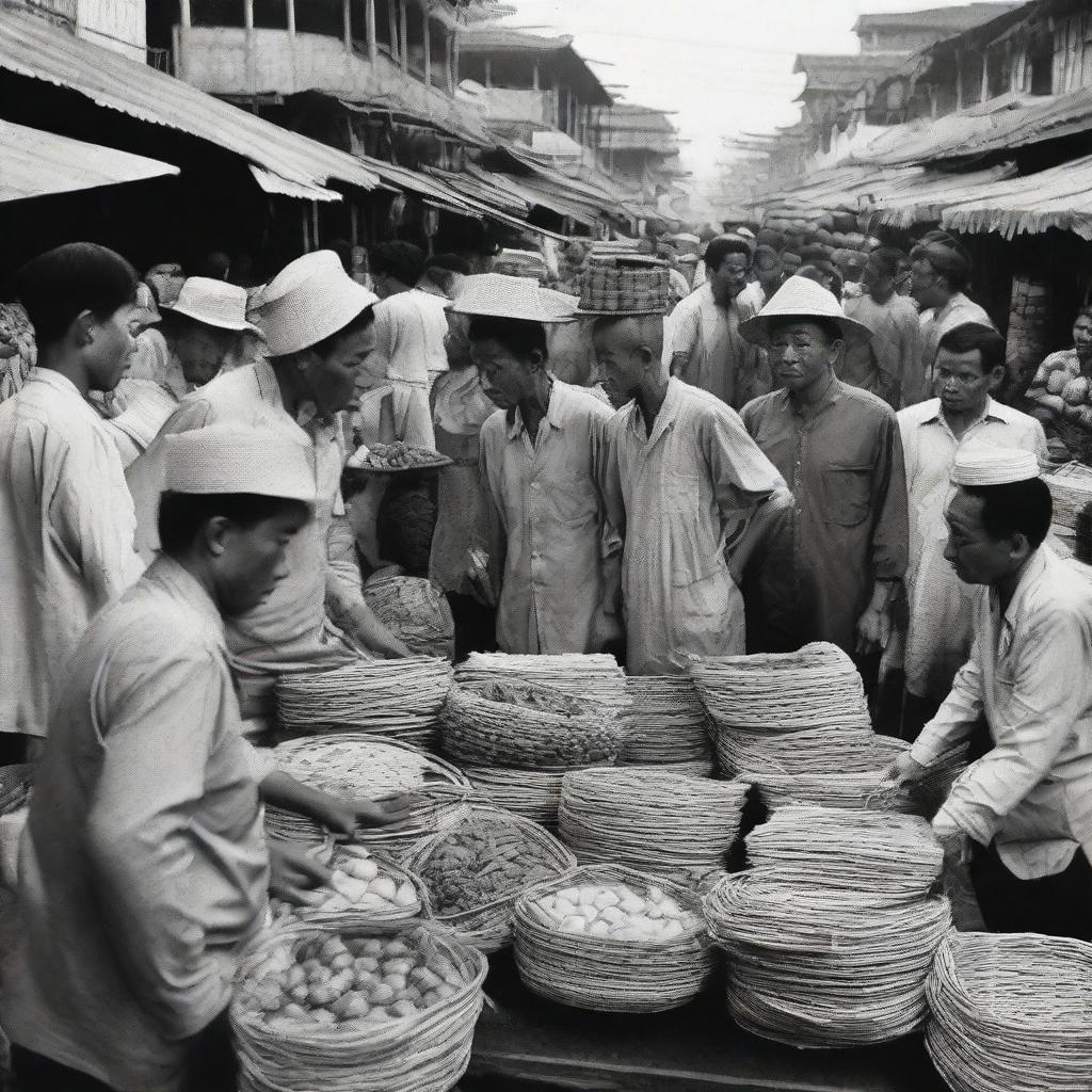 Chinese merchants in 1960s Indonesia, captured in a bustling market scene