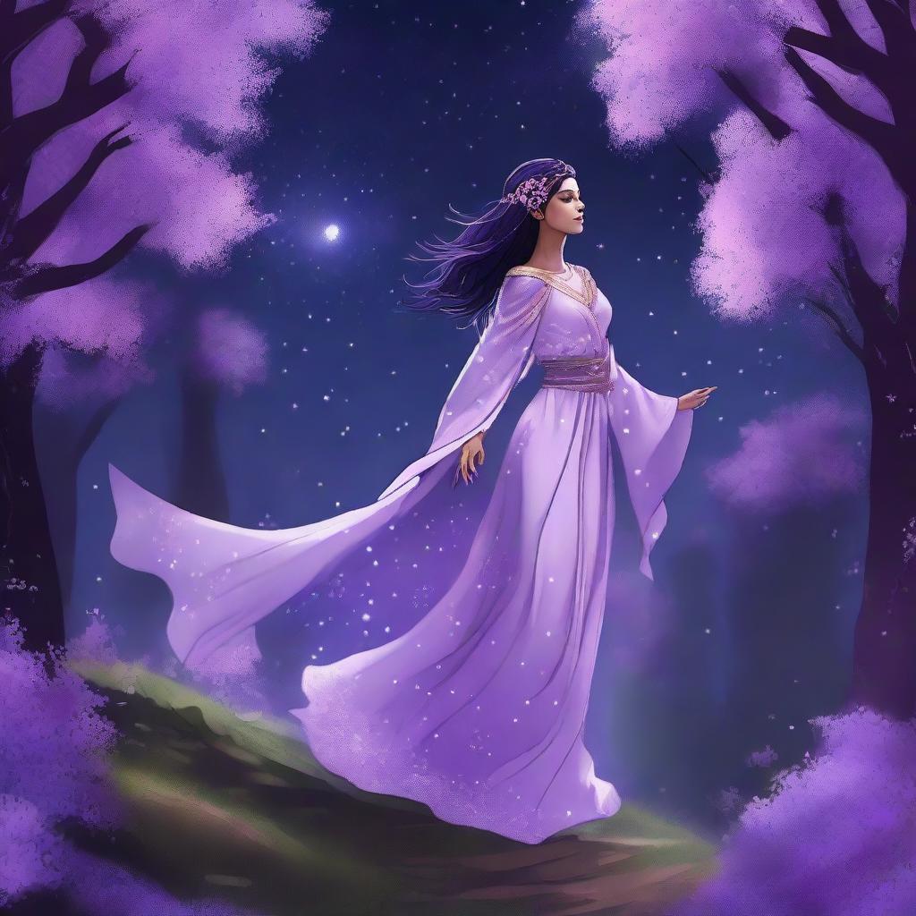 This digital artwork captures a scene of Elara, a character known for her celestial and ethereal aesthetic