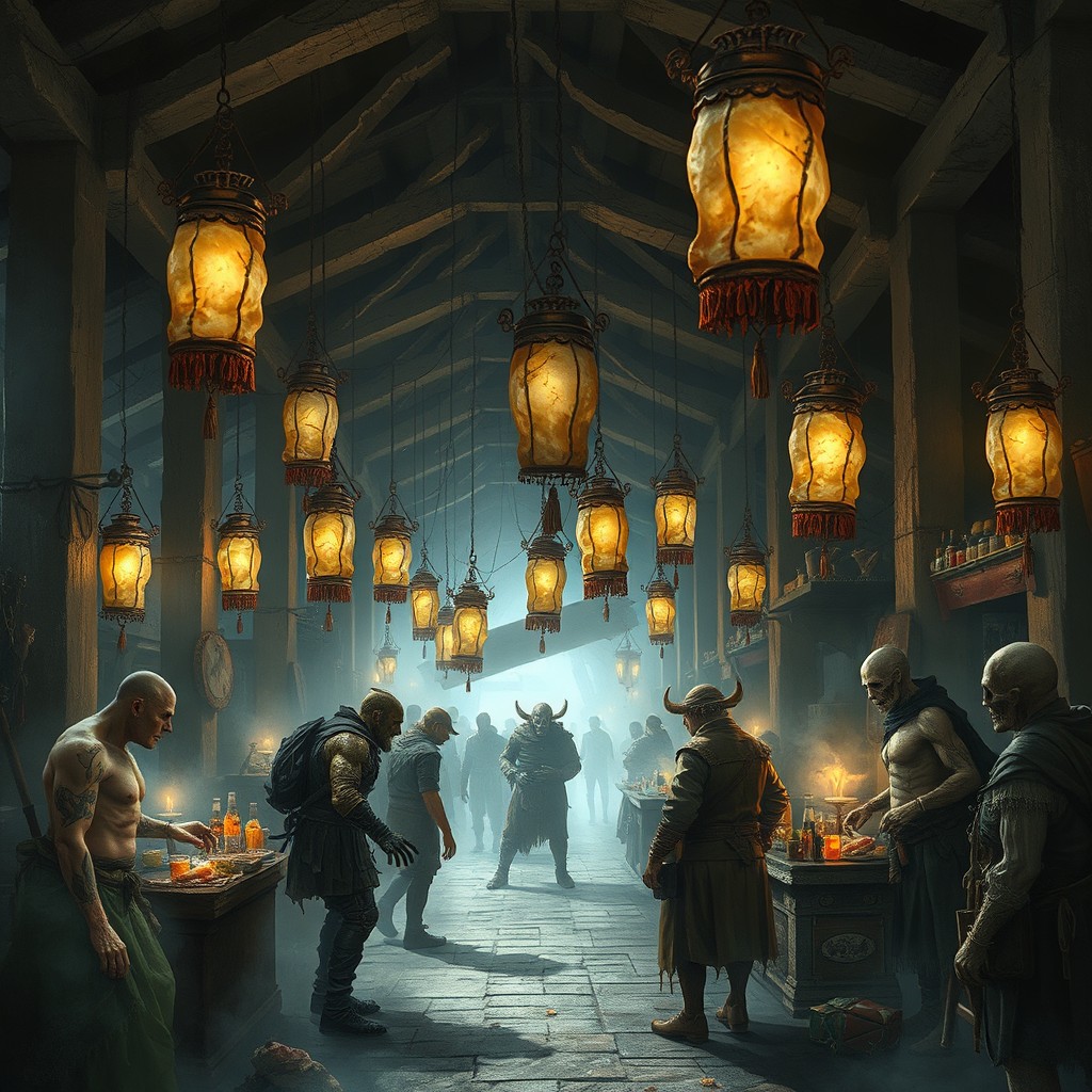 The scene unfolds in a market with a ceiling supported by broken columns, from which hang grotesque lanterns made of human fat that emit a sickly light