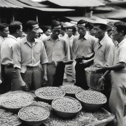 Chinese merchants in 1960s Indonesia, captured in a bustling market scene