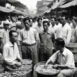 Chinese merchants in 1960s Indonesia, captured in a bustling market scene