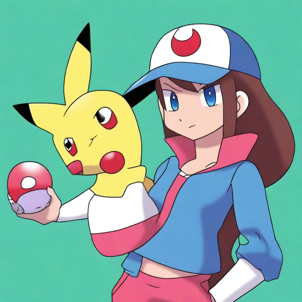 A digital art image of a female Pokemon trainer, designed in the style of Pokemon