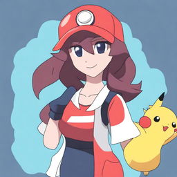 A digital art image of a female Pokemon trainer, designed in the style of Pokemon