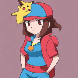 A digital art image of a female Pokemon trainer, designed in the style of Pokemon