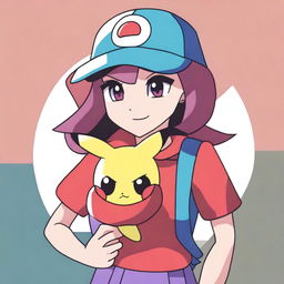 A digital art image of a female Pokemon trainer, designed in the style of Pokemon