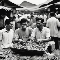 Chinese merchants in 1960s Indonesia, captured in a bustling market scene