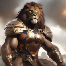 Generate an image of Ki Singalodra, a formidable future commander channelling the strength and ferocity of a lion, arriving on earth to vanquish evil and unite with the Avengers.