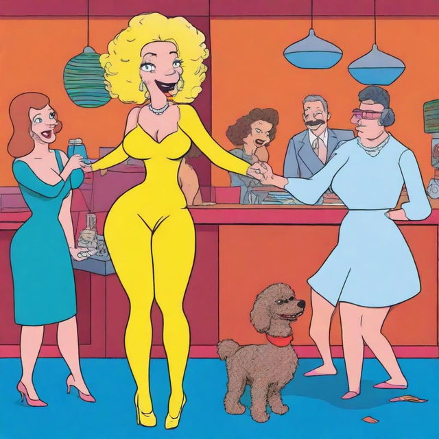 A humorous, cartoon-style image depicting a unique scene in a club in Lugano