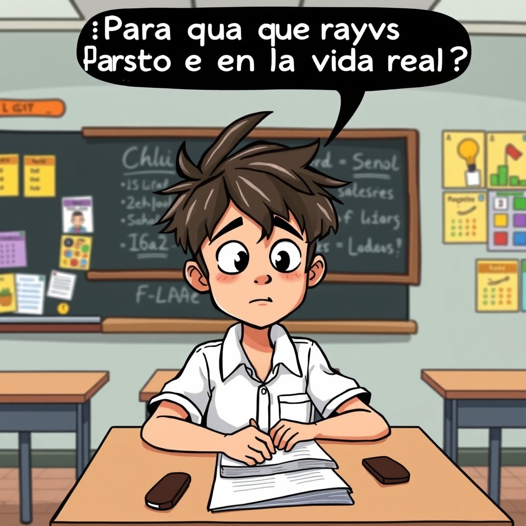 A cartoon-style classroom scene featuring a 16-year-old boy with messy hair sitting at his desk, looking bored while copying from the blackboard