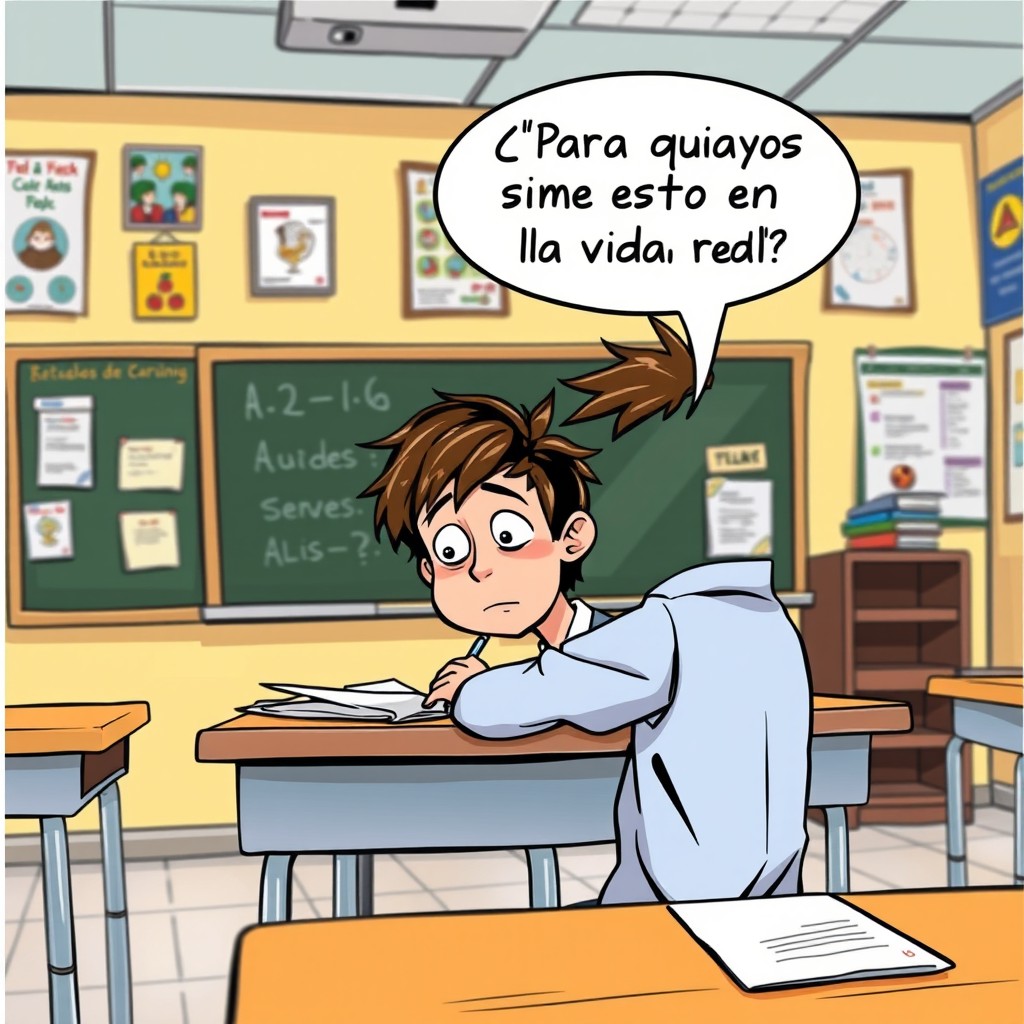 A comic-style classroom scene featuring a 16-year-old boy with messy hair, sitting at his desk, copying from the blackboard with a bored expression