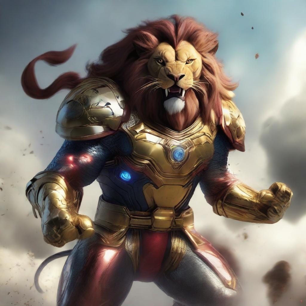 Generate an image of Ki Singalodra, a formidable future commander channelling the strength and ferocity of a lion, arriving on earth to vanquish evil and unite with the Avengers.