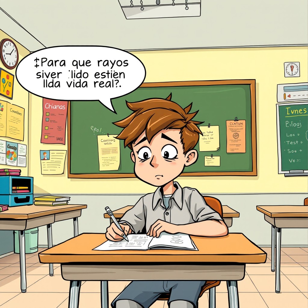 A comic-style scene set in a classroom, featuring a 16-year-old boy with messy hair sitting at his desk, looking bored while copying notes from the blackboard