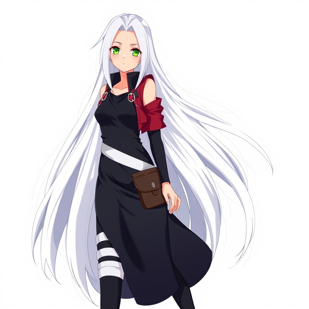 A full-body illustration of a girl with very long white hair and a forehead exposed