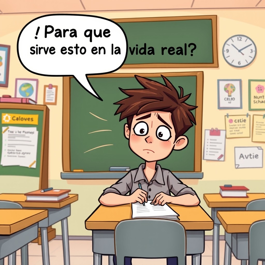 A humorous cartoon-style scene set in a classroom, featuring a 16-year-old boy with messy hair sitting at his desk, looking bored while copying notes from the blackboard