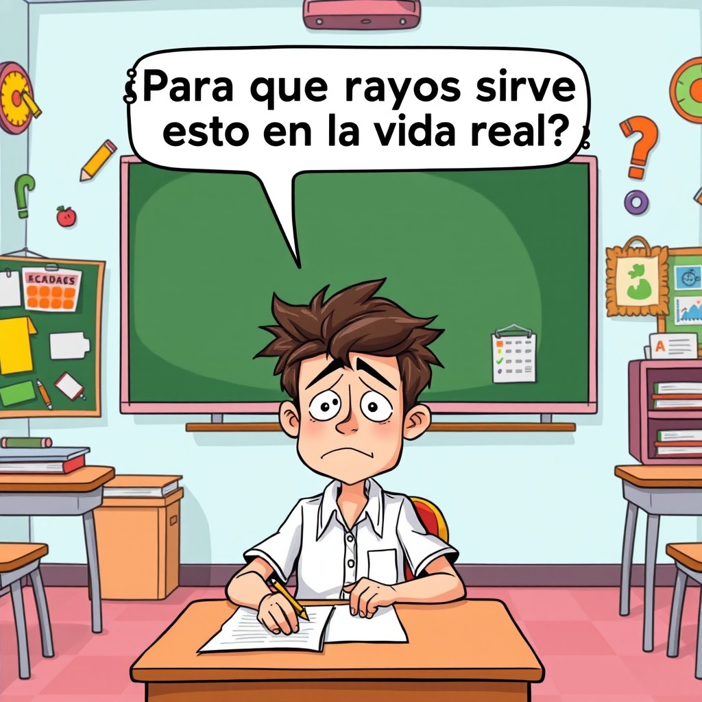 A cartoon scene set in a classroom, showcasing a 16-year-old boy with messy hair sitting at his desk, copying notes from the blackboard with a bored expression