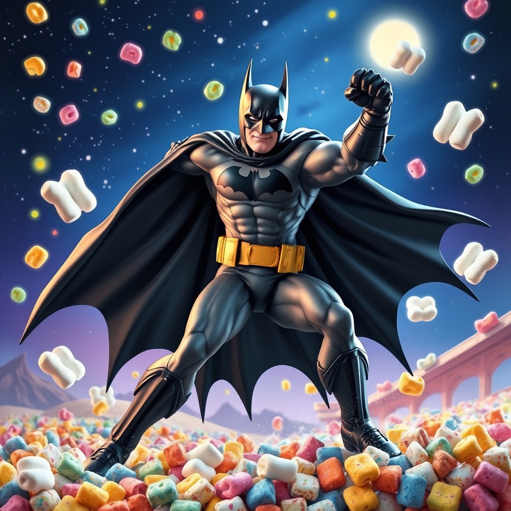 A dynamic image of Batman in a heroic pose, set against a vibrant and whimsical background that reflects a Lucky Charms cereal aesthetic, with bright colors, floating marshmallows, and a fantastical landscape