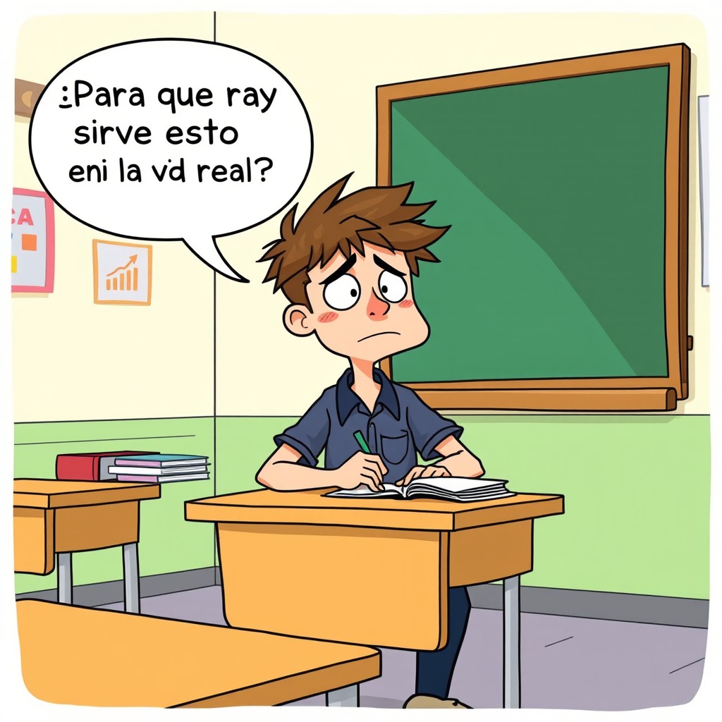 A cartoon scene set in a classroom, depicting a 16-year-old boy with messy hair sitting at his desk, looking bored while copying notes from the blackboard