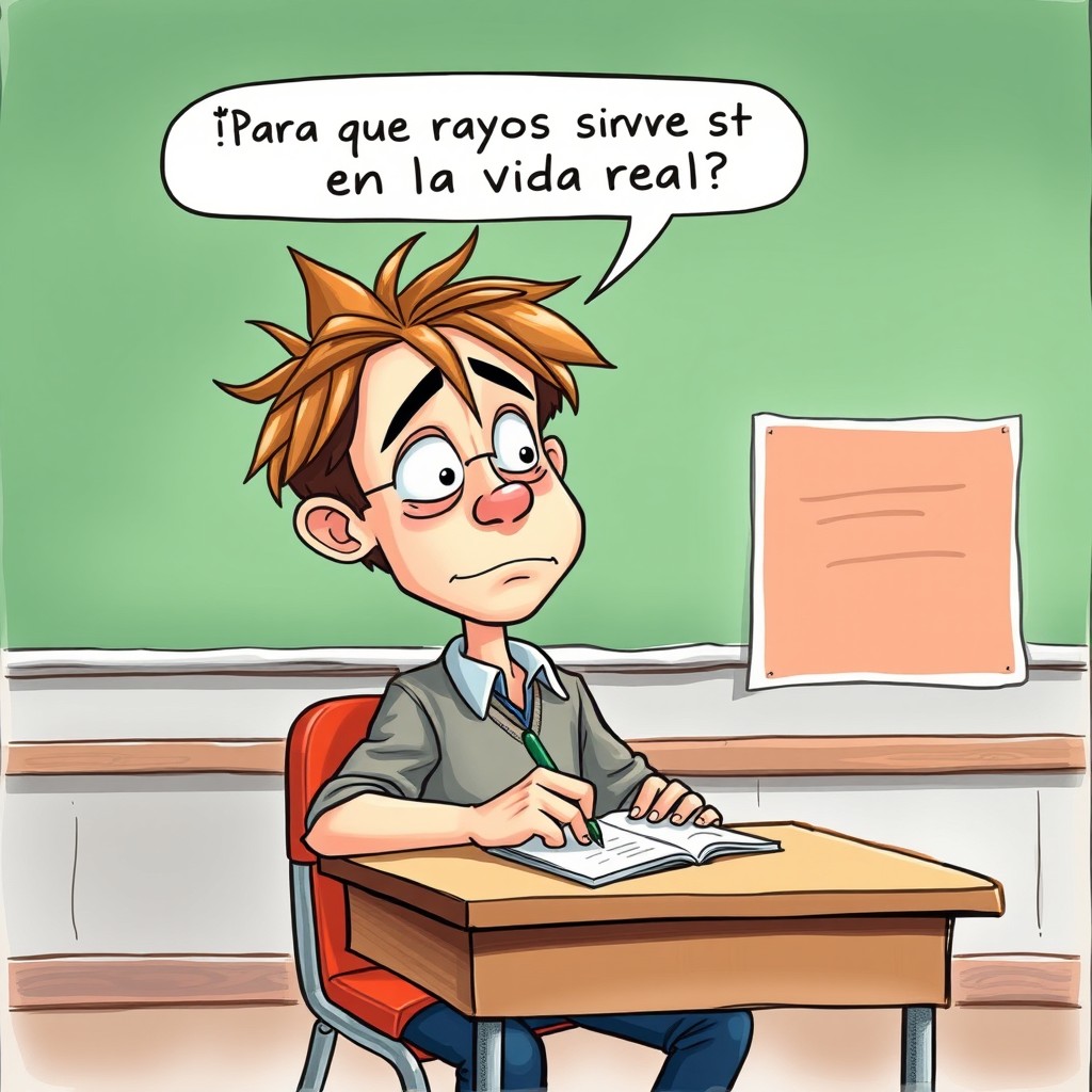 A humorous and exaggerated drawing set in a classroom, depicting a 16-year-old boy with messy hair sitting at his desk, bored while copying notes from the blackboard