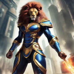 Generate an image of Ki Singalodra, a formidable future commander channelling the strength and ferocity of a lion, arriving on earth to vanquish evil and unite with the Avengers.