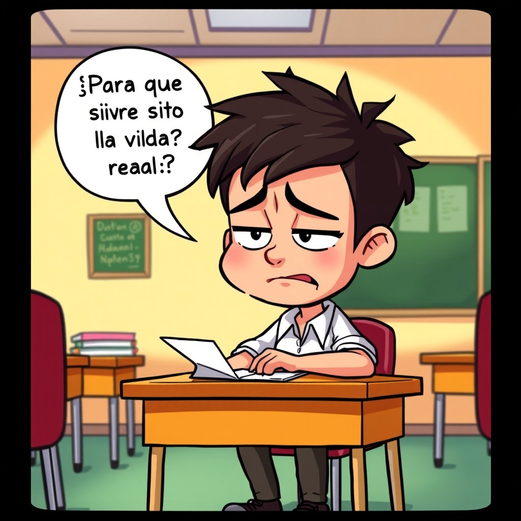 A cartoon scene set in a classroom featuring a 16-year-old boy with messy hair sitting at his desk, bored while copying notes from the blackboard