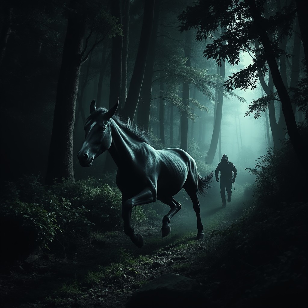 A headless mule galloping through a dense, dark forest, with its muscular form in motion, surrounded by towering trees and thick underbrush