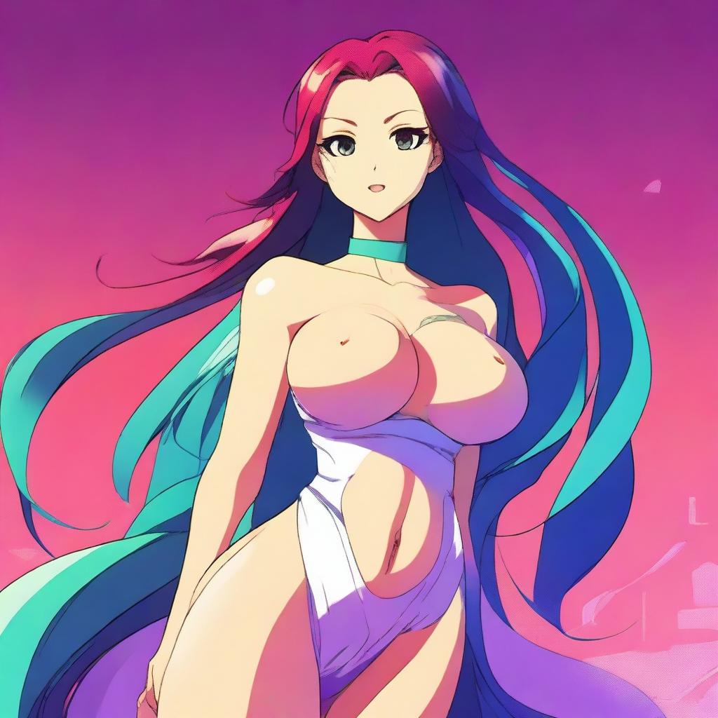 A high-resolution digital art image featuring a tall woman with exaggerated curves, rendered in a vibrant anime style