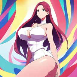 A high-resolution digital art image featuring a tall woman with exaggerated curves, rendered in a vibrant anime style