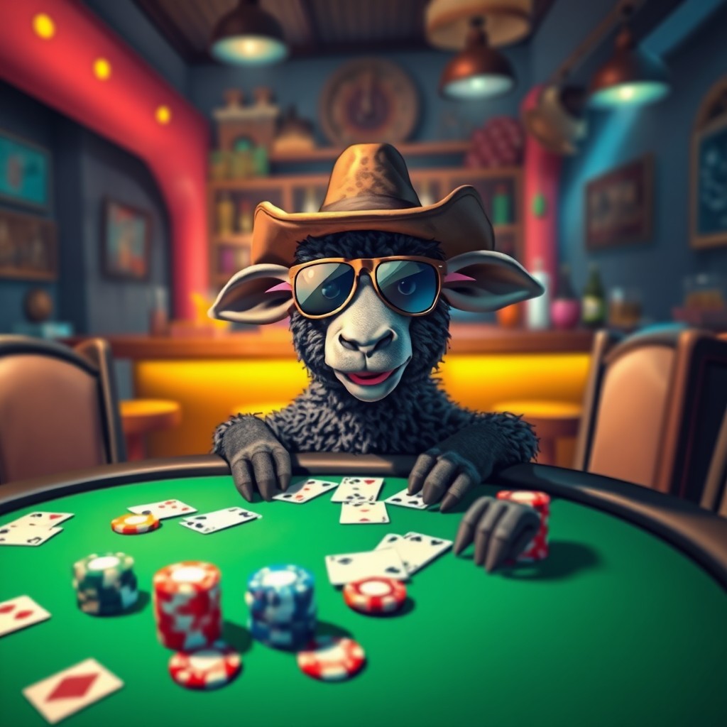 A whimsical scene featuring a black sheep sitting at a poker table, engaged in a game of poker with a playful expression