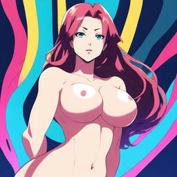 A high-resolution digital art image featuring a tall woman with exaggerated curves, rendered in a vibrant anime style