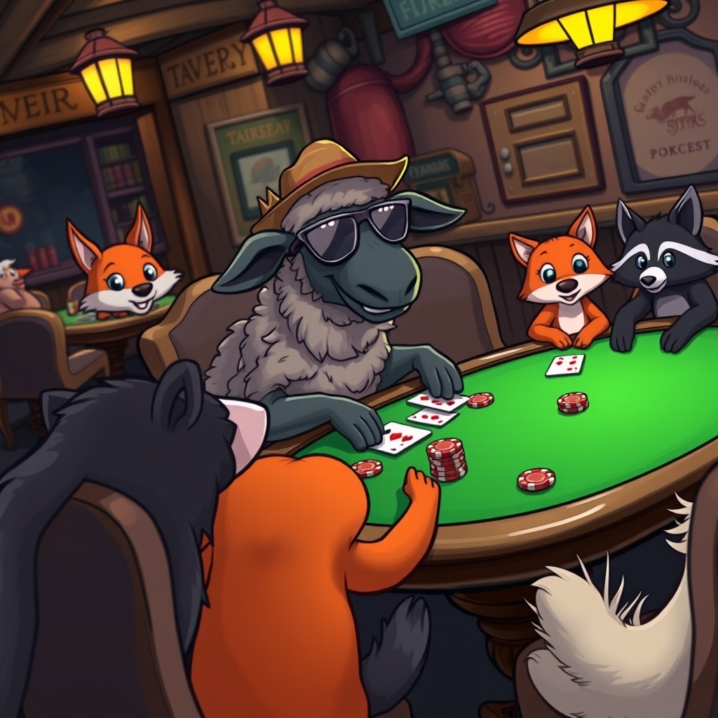 A whimsical scene featuring a black sheep sitting at a poker table, fully engaged in a game of poker