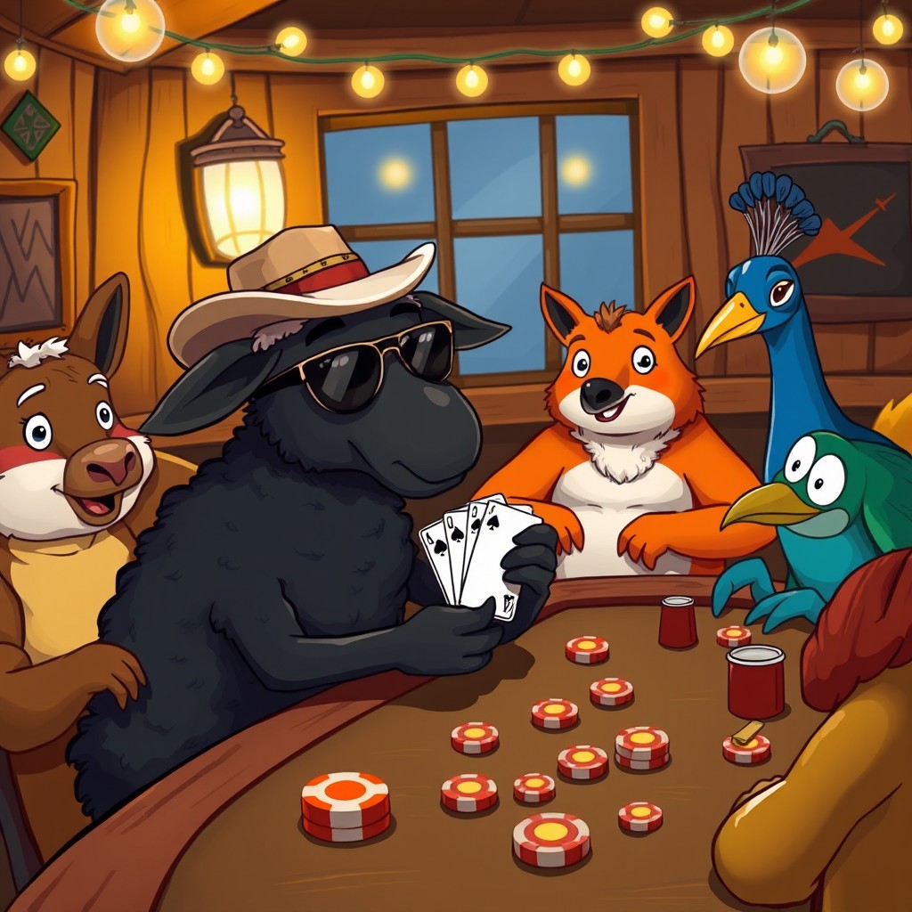 A quirky black sheep playing poker at a table, surrounded by a lively group of colorful animal characters like a clever fox, a grumpy old turtle, and a stylish peacock