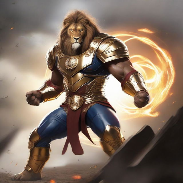 Generate an image of Ki Singalodra, a formidable future commander channelling the strength and ferocity of a lion, arriving on earth to vanquish evil and unite with the Avengers.